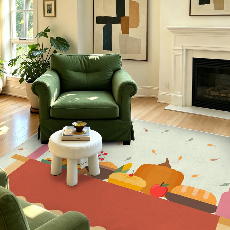 Tapis intérieur orange lavable à la machine, grand format, avec motifs de boissons et de fruits., Rectangle 39" x 63"