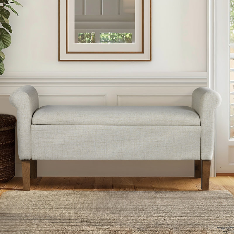 Natural Upholstered Storage Bench with Rolled Armrests
