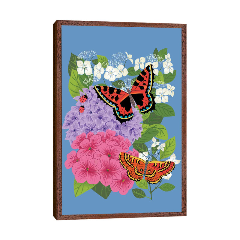 Hydrangeas And Butterflies by Nancy Mckenzie - Print on Canvas, 66.04cm H x 45.72cm W x 3.81cm D, Classic Brown Wood Framed