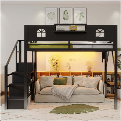 Loft Bed with Stairs, Metal Loft Bed with High and House Shaped Guardrails, High Loft Bed with Wardrobe for Kids Teens