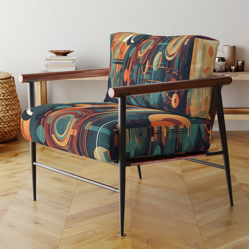 Orange et bleu abstrait Nostalgia II - fauteuil rembourré de style Mid-Century moderne, fauteuil d'appoint abstrait Mid-Century