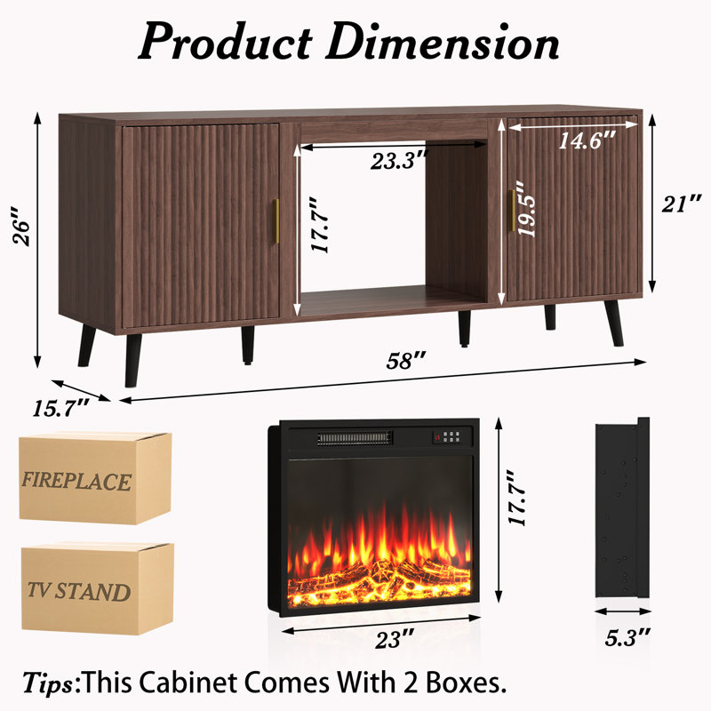 Midcentury Modern TV Stand with 23-Inch Fireplace, Brown