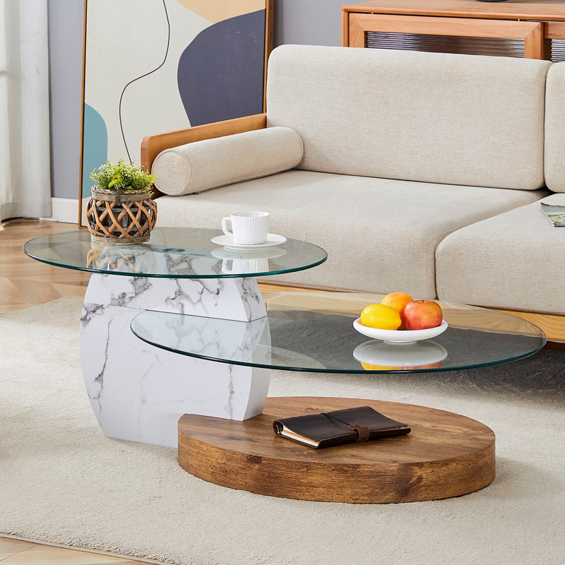 Table basse contemporaine à double couche artistique - marbre blanc et collage de grain de bois, plusieurs couleurs disponibles. Autocollant de panneau de densité, verre renforcé. W1151P233589