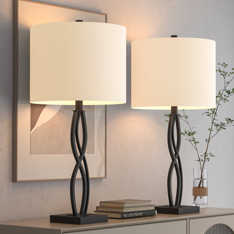 26" Black Metal Table Lamps with White Fabric Shades, Set of 2