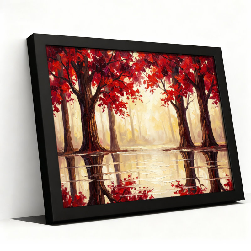 Tableau sur toile tendue représentant des arbres rouges d'automne, idéal pour décorer le salon, la chambre à coucher ou la maison.