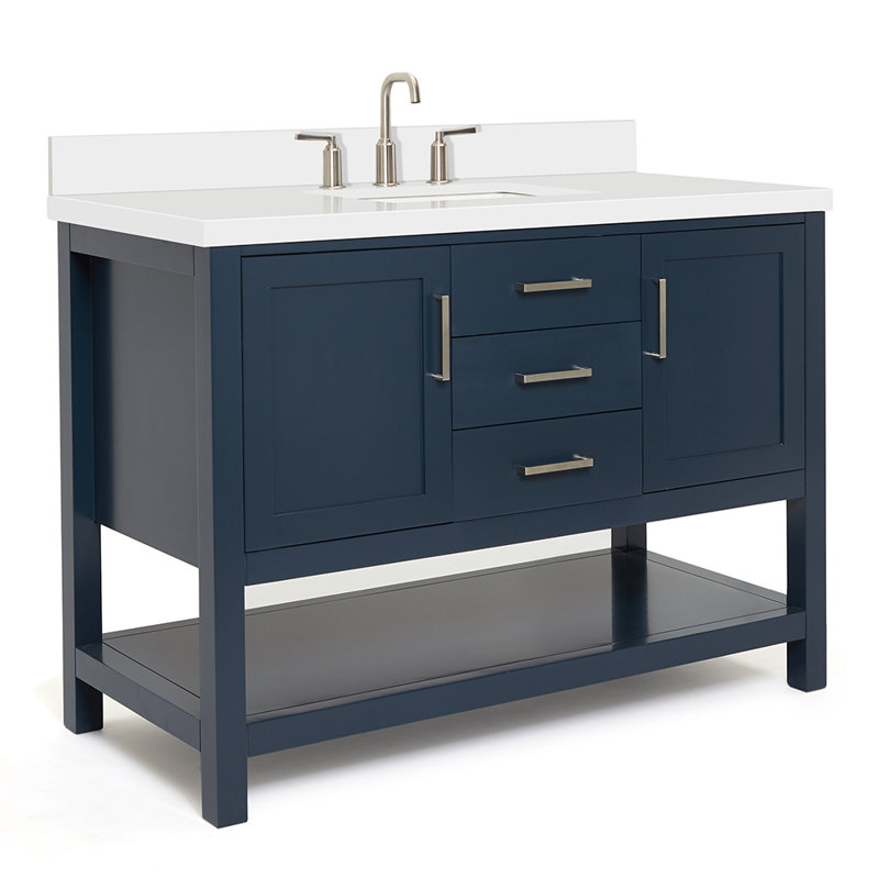 Meuble-lavabo simple avec plateau en quartz Abby, Bleu minuit, L 49 po, Quartz blanc pur