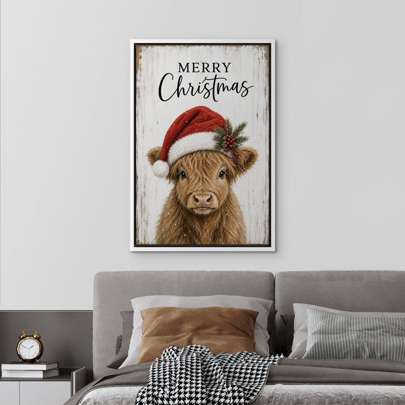 «Merry Christmas Highland Cow with Santa Hat», reproduction d'art sur toile encadrée dans la chambre principale, White