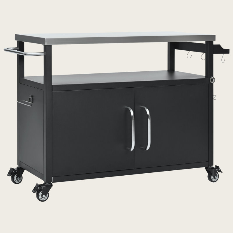 Îlot de cuisine 54,5 po avec plateau en acier inoxydable, armoire de rangement et 4 roulettes verrouillables pour barbecue