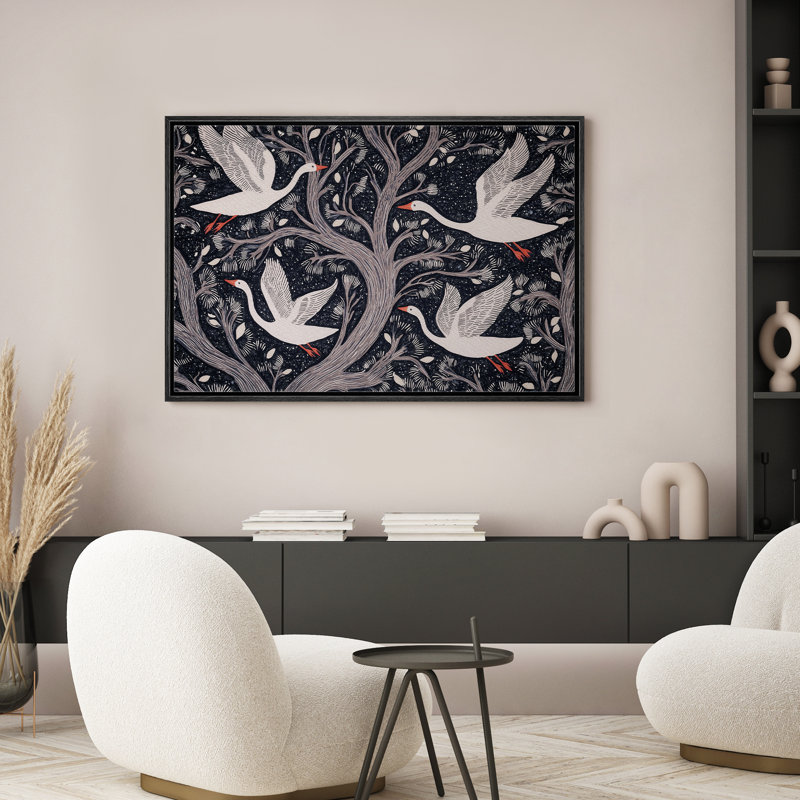 «Goose Illusion Tree Branches Retro Decor», impression sur toile encadrée, H 16 po x l 24 po, Noir, noir, noir, noir