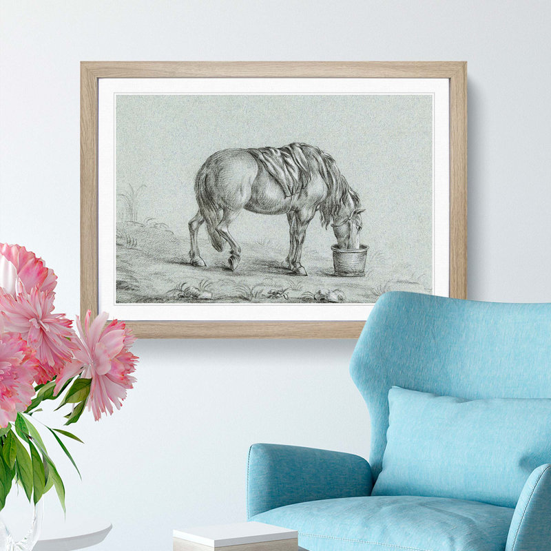 A Drinking Horse by Jean Bernard - Framed Print, 33cm H x 45cm W x 2cm D, Oak Framed