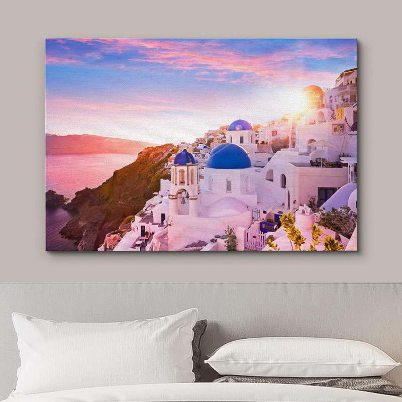 Coastal Beach " IDEA4WALL Canvas Print Wall Art Vibrant Sunset Pastel Santorini Greece Nature Wilderness Photography Realism Rustic Scenic Landscape Earth Panorama Colourful For Living Room, Bedroom, Office "