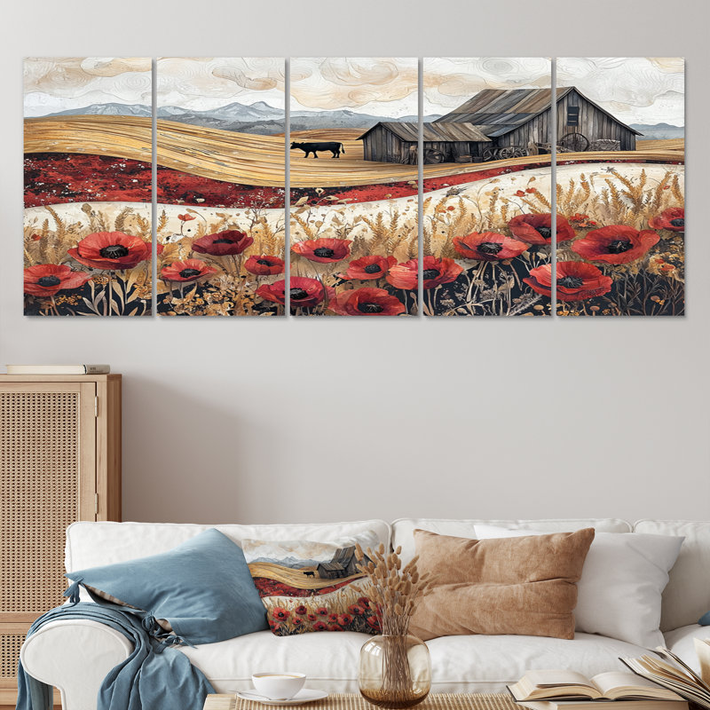 Les coquelicots de campagne et la vache et la grange III - coquelicots - art mural Tra, H 28 po x l 60 po, 5