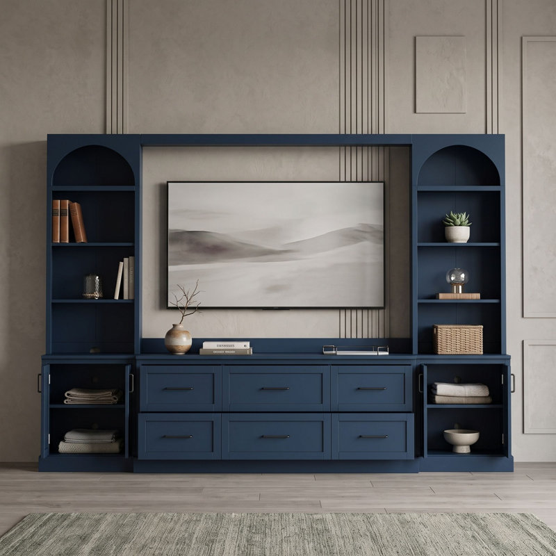 Meuble télé mural moderne avec 6 tiroirs, tablettes ajustables et 2 placards, Bleu
