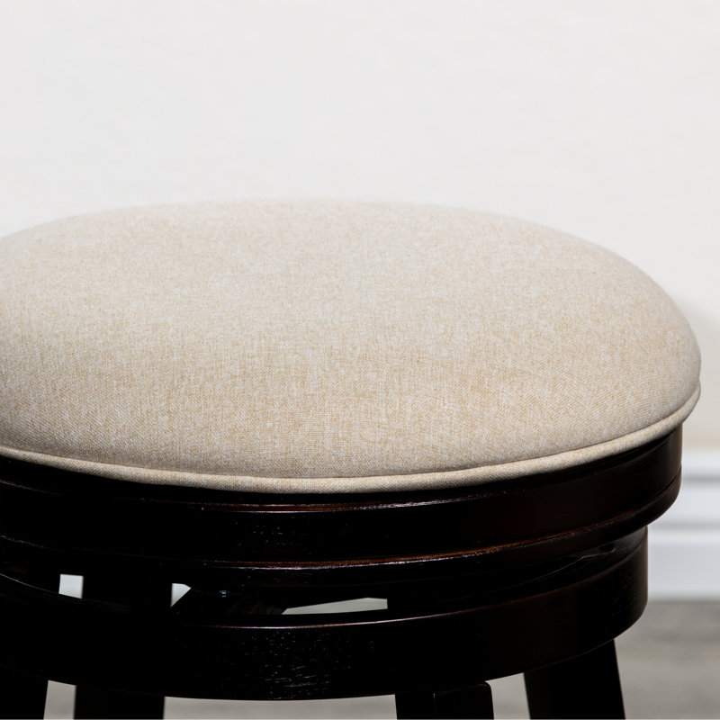 Tabouret de bar 30 po avec finition, revêtement en tissu beige relaxant, tabouret pivotant fonctionnel, coussin de siège, base en bois franc stable, liberté de mouvement à 360 degrés