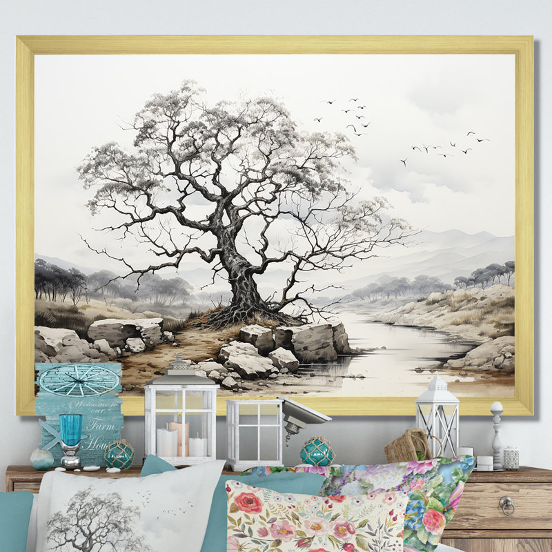 Chêne dans une palette monochromatique I sur toile, Cadre photo doré simple, H 16 po x l 32 po x P 1 po