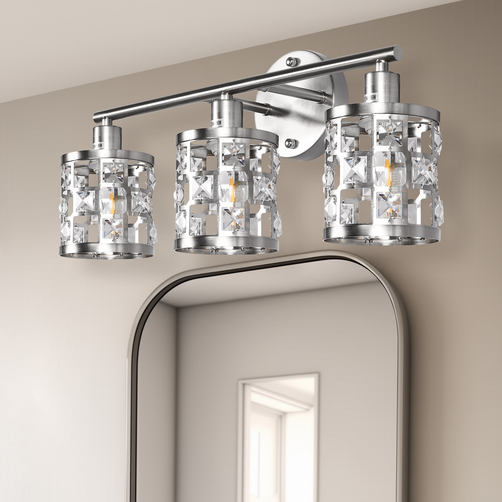 Mercer41 3Light Brushed Nickel Crystal Bathroom Vanity Light Over