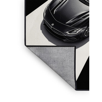 Machine Washable Vehicles And Transportation Convertible Roadster Modern Geometric Rug in Gray – Black Binding
