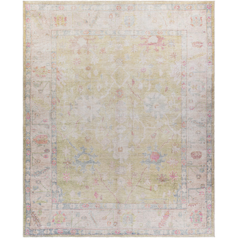 Tapis oriental vert / rose clair à motif lavable à la machine Dietrick, Rectangle 8 pi 10 po x 12 pi