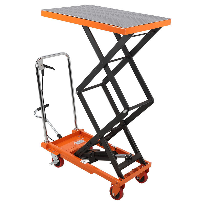 Table élévatrice à ciseaux manuelle, capacité de 330 lb, hauteur réglable 50 po, plateforme antidérapante, chariot mobile avec 4 roues verrouillables - orange