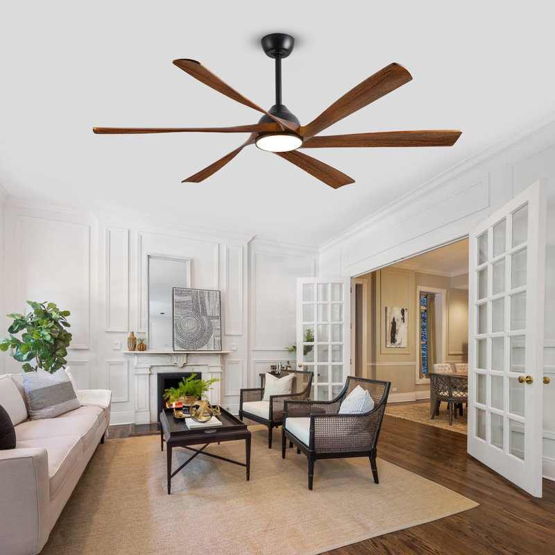 6 Blade Solid Wood Smart Ceiling Fan With Quiet Reversible Dc Motor, Dimmable Led Light, Remote & App Control, Black, Brown