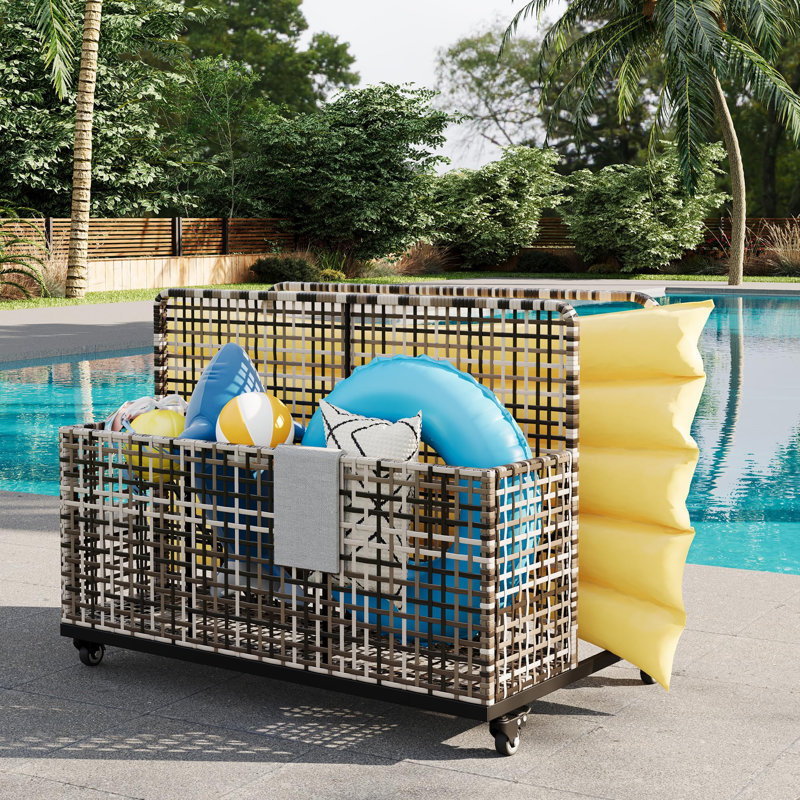 Pool Float Storage Organizer with Rolling Wheels, Outdoor Wicker Rattan Pool Caddy & Toy Storage Basket for Poolside, Patio & Deck, All-Weather PE Rattan Pool Caddy, 1 Open Compartment