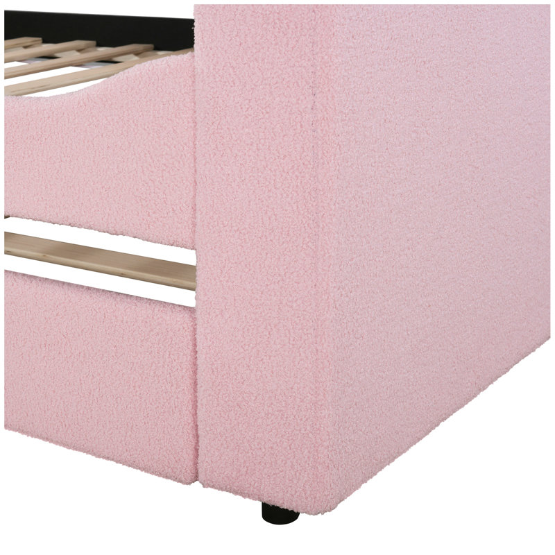 Upholstered Daybed with Storage Armrests, Trundle and Latest Integrated Bluetooth Audio System, Teddy Fleece, Twin, Pink