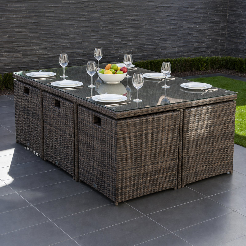 Amher 10 - Person Wicker Patio Dining Set with Rectangular Table , Cushions Included, Brown, Beige