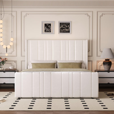 Soft Bed Frame with Vertical Channel Tufted Headboard & Footboard,Velvet Upholstered Bed Frame, Noise Free, No Box Spring Needed, Easy Assembly