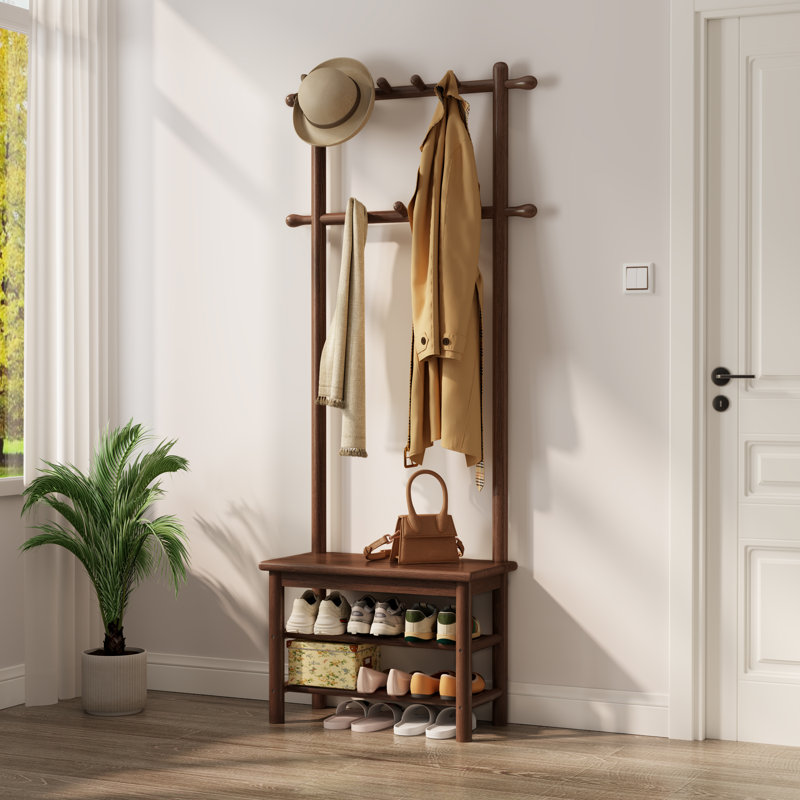 Solid Wood Hall Tree with Bench and Shoe Storage, Entryway Organizer with 11 Hooks and Two-Tier Shoe Rack for Mudroom or Hallway