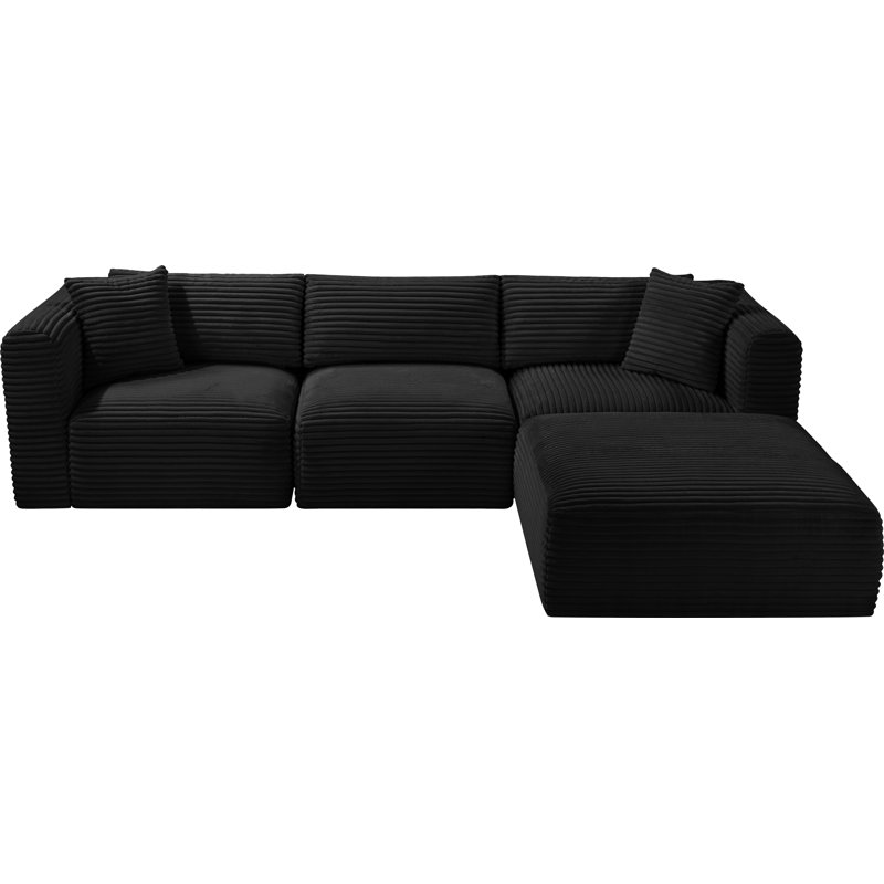 Canapé modulaire en L Carmean Performance, Tissu velours côtelé texturé noir, 1 sans accoudoirs, 2 en coin, 1 repose-pieds