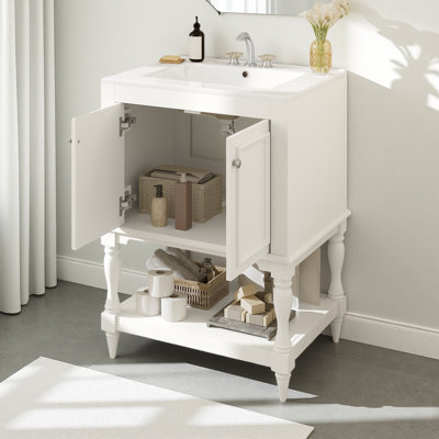 Meuble-lavabo 24 po avec lavabo en céramique, meuble-lavabo avec tablette ouverte, meuble-lavabo avec rangement fermé