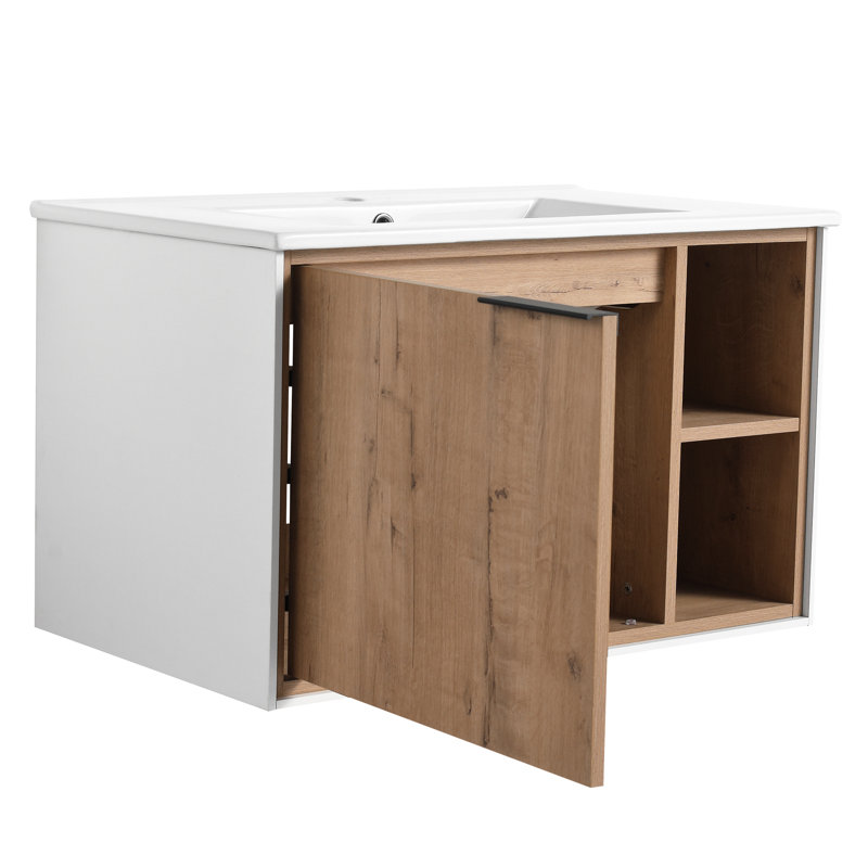 Meuble-lavabo de 30 po avec lavabo en céramique. Fixé au mur. Porte à fermeture en douceur. Look moderne en chêne imitationnel. Armoire en contreplaqué de qualité 30 po. Look, base
