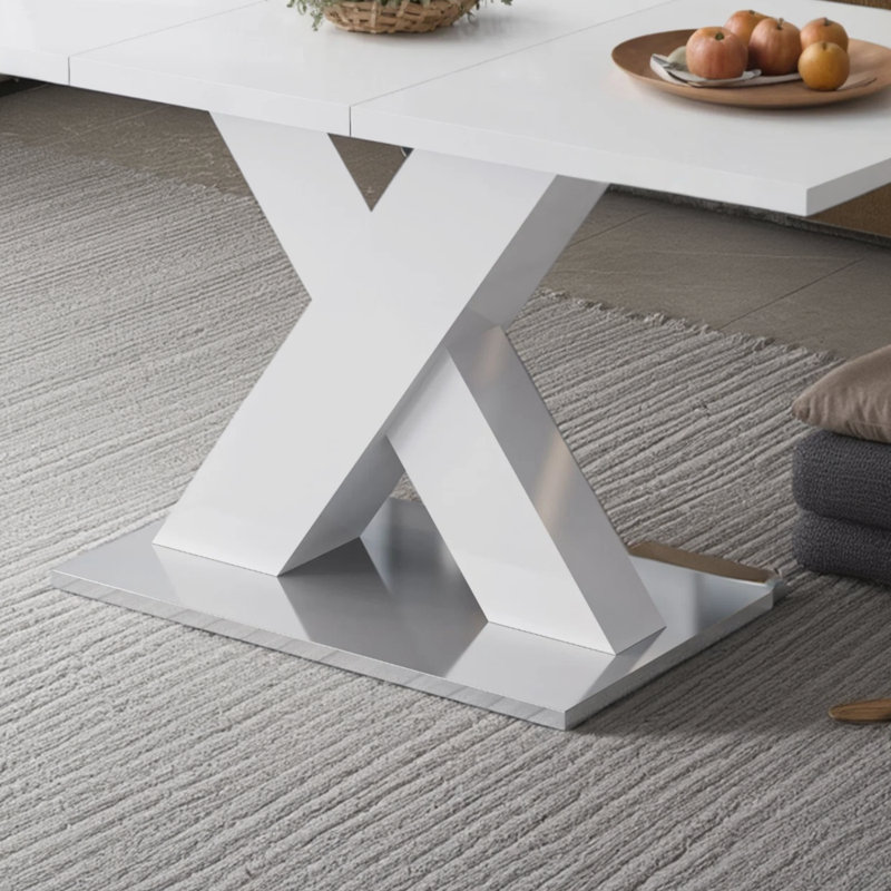 Modern Square Pull-out Dining Table White Tabletop + Mdf X-shaped Legs With Metal Base