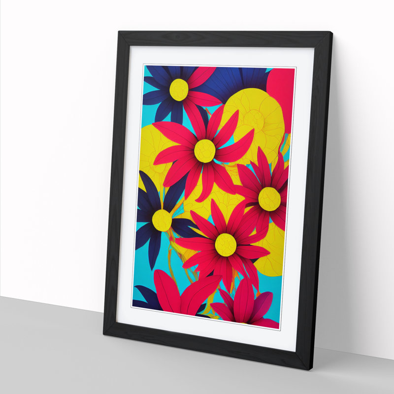 FRM-V0523-832X Floral Pop Art - Picture Frame Print, 64cm H x 46cm W, Black Framed