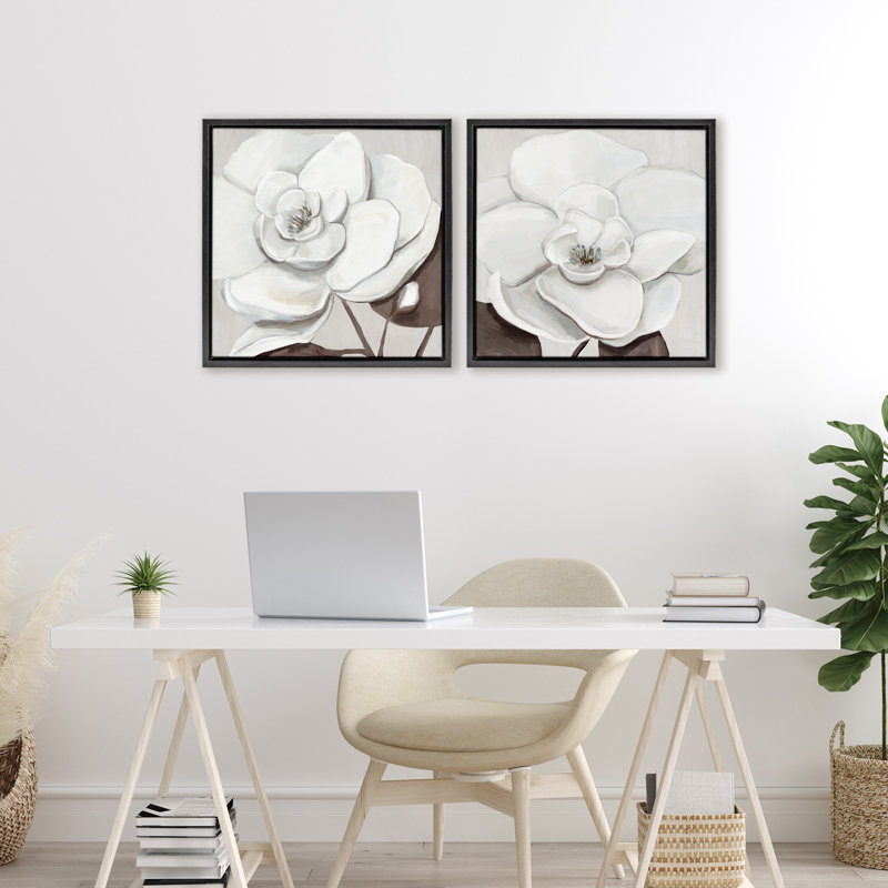 Ensemble de cadres flottants 2 pièces White Elegant Blooms, design par Hannah Dawson, Noir, H 18 po x l 18 po