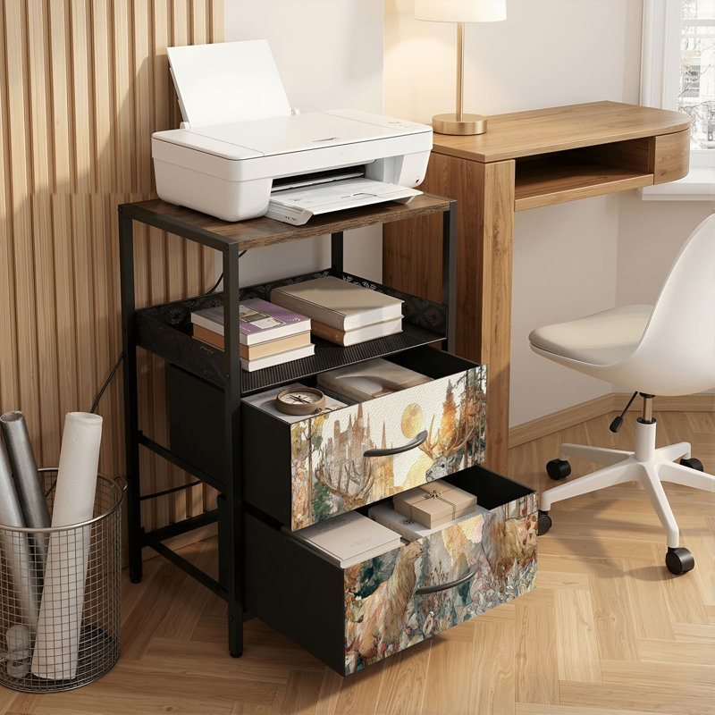 Table de chevet 2 tiroirs avec station de charge, table de chevet pour chambre à coucher avec ports USB, tablette ouverte noire, table de chevet avec imprimé coucher de soleil d'automne