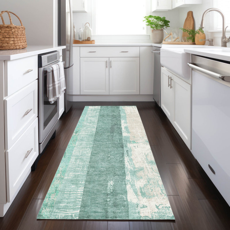 Machine Washable Indoor/Outdoor Cinead ACN1689 Seafoam Rug, Runner 2'3" x 7'6"
