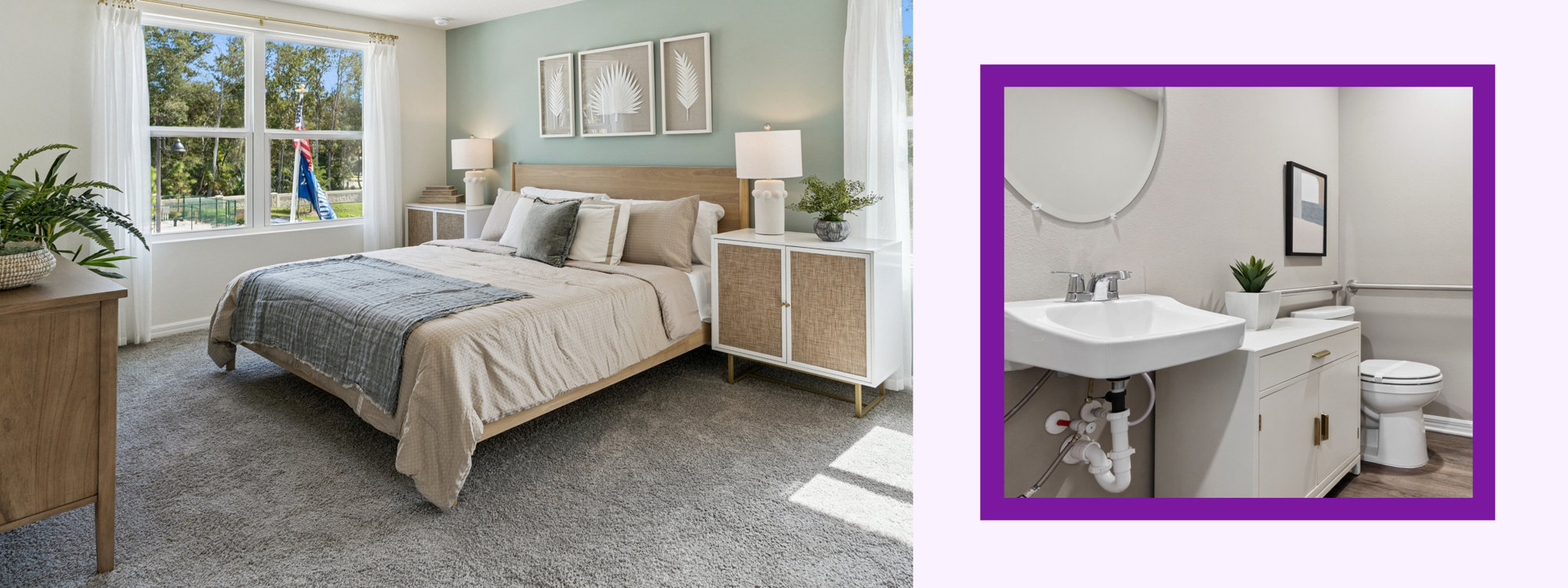 Well-lit bedroom with a bed, two nightstands, and large windows.