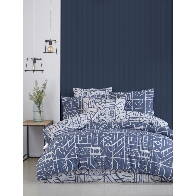 3 Pieces  Navy Blue  Geometric Pattern Modern Double Face 100% Cotton Duvet Cover Set, King Duvet Cover + 2 Shams