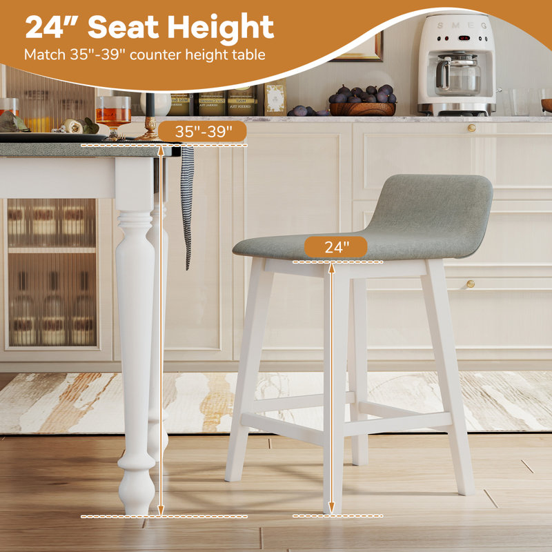 Upholstered Barstools w/ Low Back Footrest & Wood Legs for Kitchen Island, 4, Gray Seat/White Frame