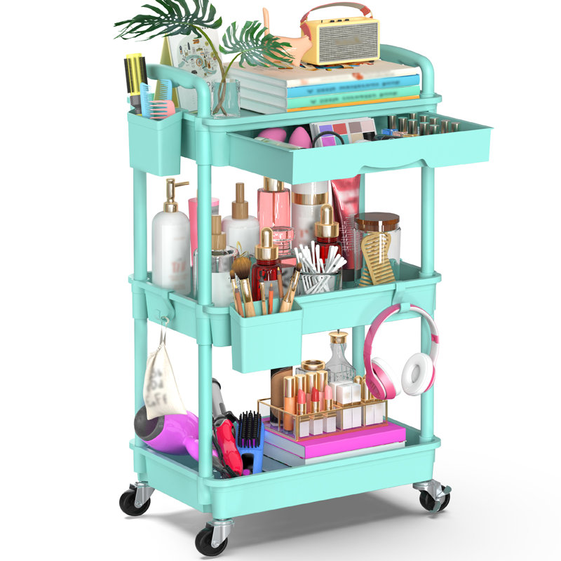 Chariot roulant à 3 niveaux avec tiroir et roues verrouillables, chariot de rangement en plastique, Bleu, 3 Tier