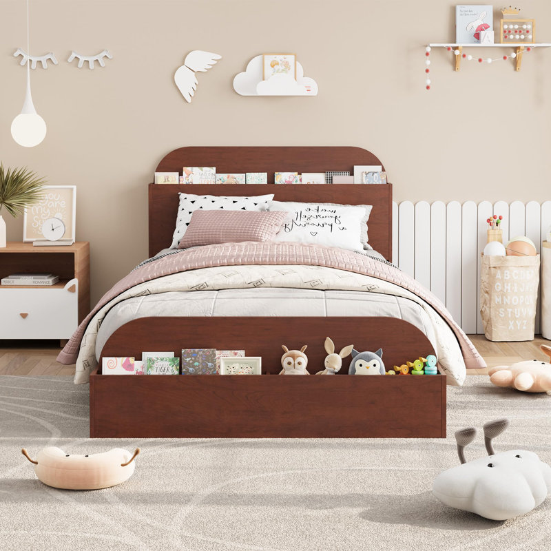 Twin Size Wooden Low Platform Bed Frame with Storage Headboard and Raised-Foodboard For Boys & Girls, No Box Spring Needed. Red