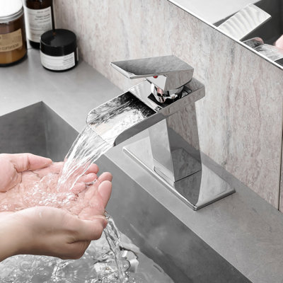 Bathroom Faucet With Deck Plate Waterfall, , Handle, Cartridge Valve, Modern Fixture Contemporary Plating, Deck-Mounted Installation