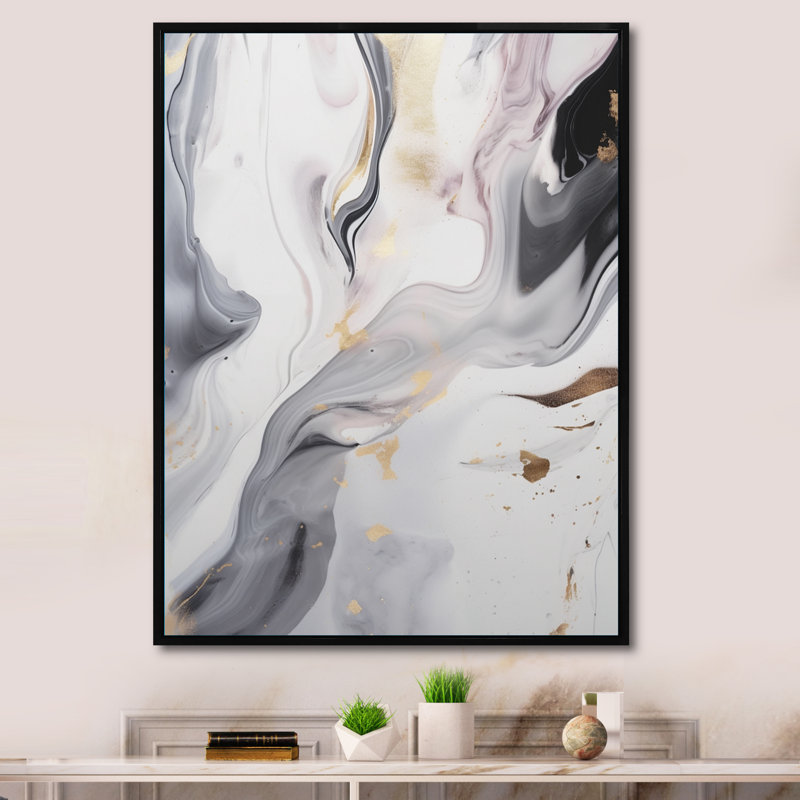 Blanc et gris ondulations de pierre I - art mural abstrait en marbre, H 44 po x l 34 po x P 1,5 po, Cadre flottant noir