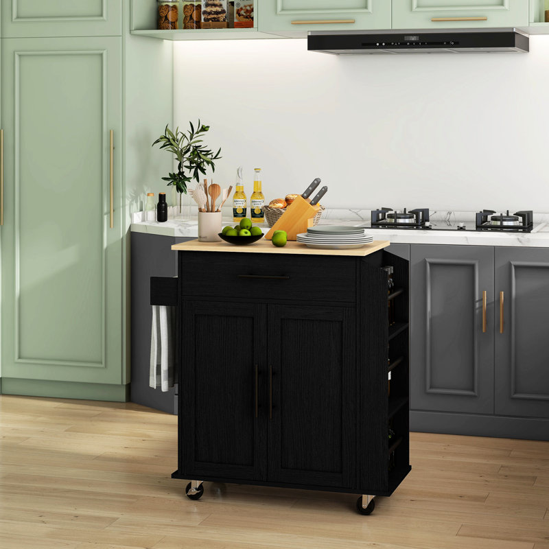 Îlot de rangement pour chariot de cuisine, prises de courant alternatif et ports, support pour micro-ondes avec support à épices pour serviettes, îlot de couleur noire et chariot roulant, support
