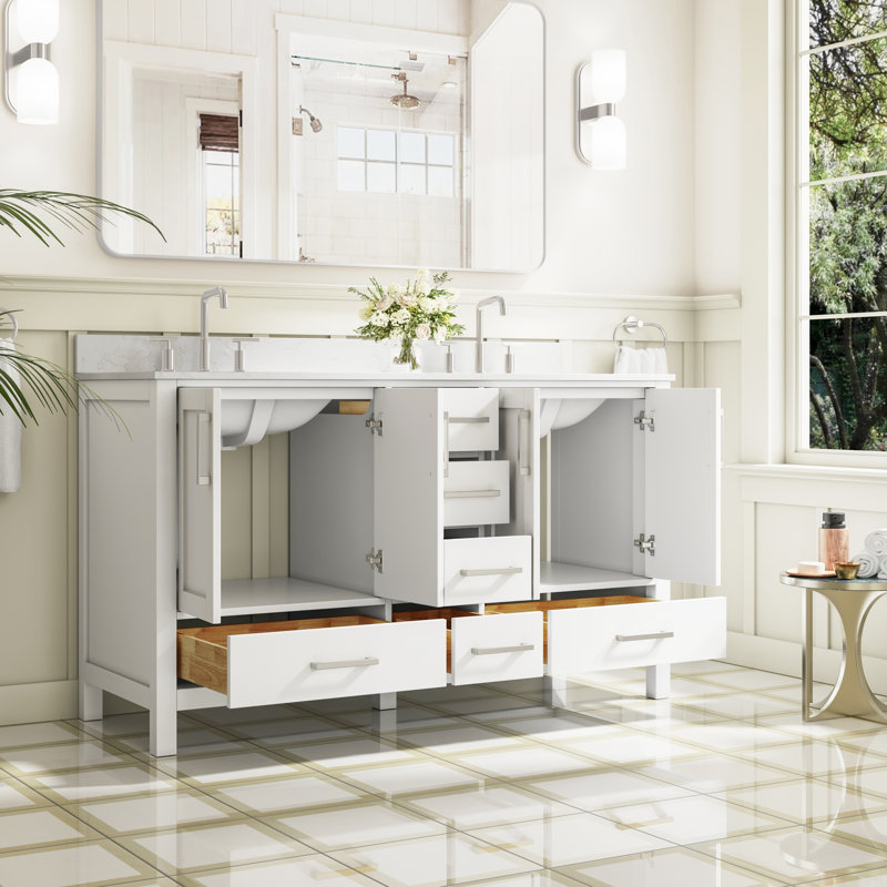 Meuble-lavabo autoportant en bois massif l 60 po x H 35 po avec comptoir en marbre de culture blanc de Carrare et double lavabo en céramique, blanc