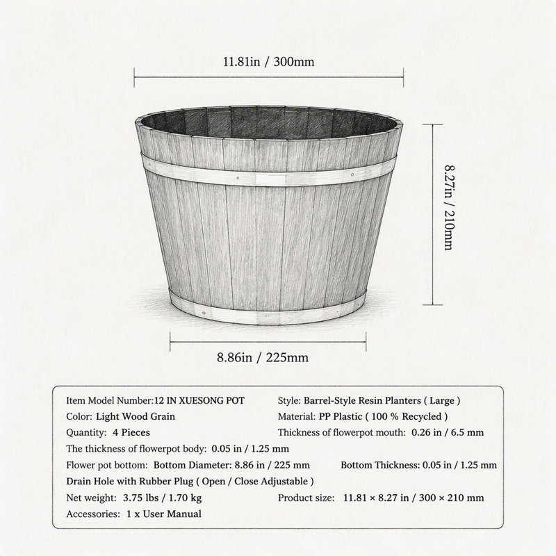 Pot de fleurs en résine en forme de tonneau de whisky, pot de fleurs pour terrasse extérieure
