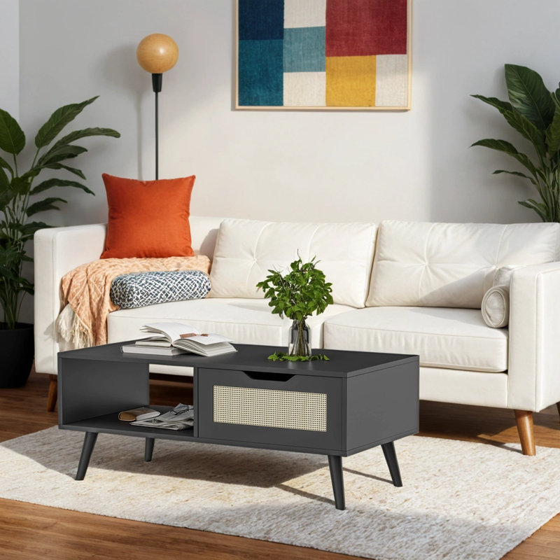 39" Rattan Coffee Table,Boho Coffee Table with Drawer & Shelf, Black