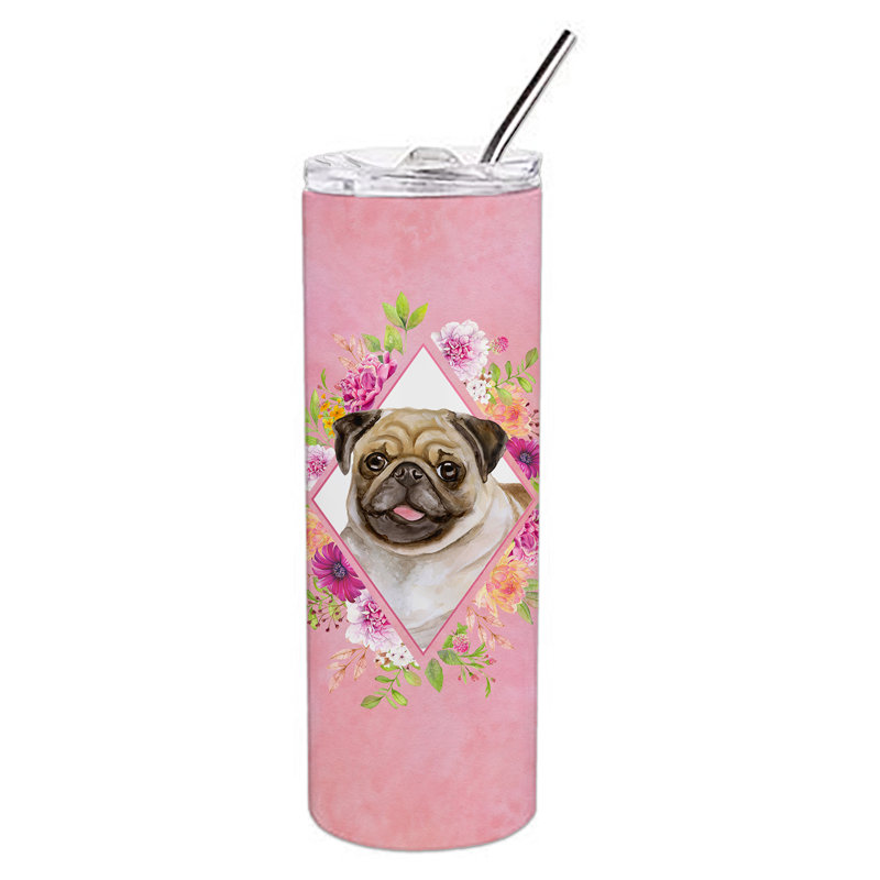 E23BF9F8391D466E9CA4F8DFEBD9A7DB de verre 20 oz à double paroi en acier inoxydable chiot, Gray Fawn Pug, Rose