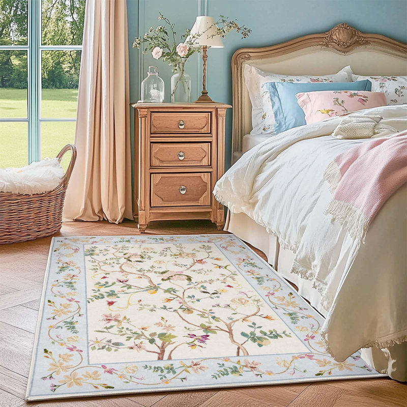 Chinoiserie Carpet Vintage Floral Rug Washable Non-slip Beige/Blue, Rectangle 3' x 5', Beige/Blue